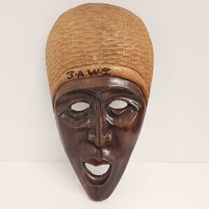 Signed Artisan Hand Carved African Tribal Brown and Tan Face Mask Wall Art 13"